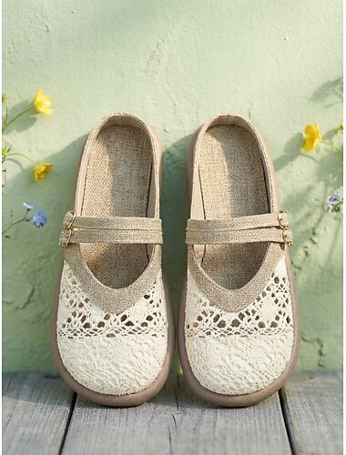  Dames muiltjes van beige kant – ademende, gehaakte schoenen met gesloten neus, lichtgewicht comfortabele casual schoenen met gespbandje voor op reis of in de tuin. &dagelijkse kleding