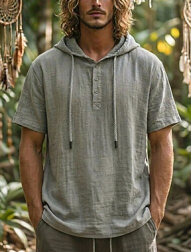  Pánské Košile Lněná košile Popover košile Letní košile Oblečení na pláž Košile s kapucí Pevná barva Ležérní Dovolená Vodní modrá Černá Bílá Námořnická modř Krátký rukáv Kapuce Léto Jaro Oblečení