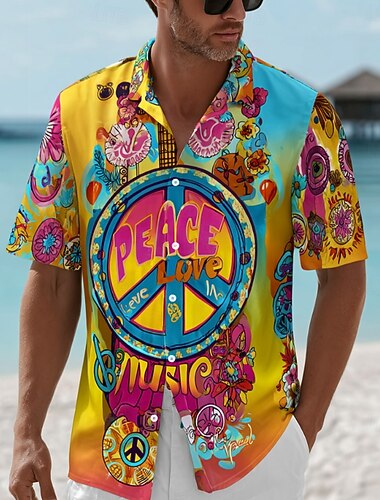  Herren Liebe Frieden Musik Hemd Sommerhemd Knopfhemd Kurzarm Hippie Outdoor Musikfestival Strandurlaub Sommer Frühling Umlegekragen 3D-Druck Hemden mit Kragen Gelb