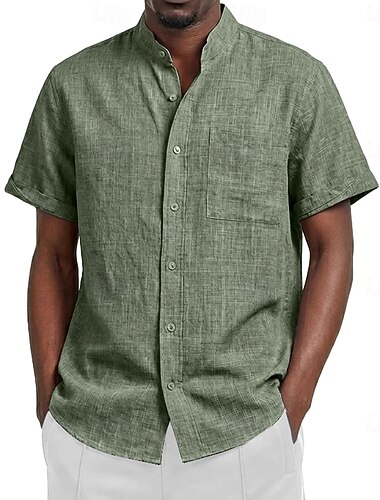  Herren Hemd Leinenhemd Sommerhemd Strandbekleidung Stehkragenhemd Knopfhemd Einfarbig Lässig Urlaub Blau Schwarz Weiß Rosa Kurzarm Mandarinkragen Sommer Frühling Bekleidung Tasche