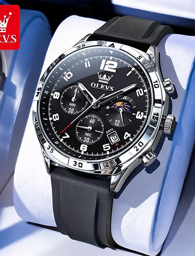  olevs herre sport kronografklokke, svart silikonrem kvarts armbåndsur med dato månefase, 30m vanntett lysende stor urskive luksuriøs mote forretningsmessig uformell gaveklokker for menn