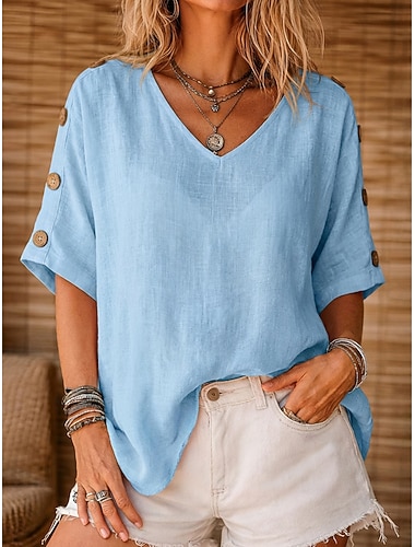  Damen Hemd Baumwoll-Leinen-Hemden Bluse Knöpfe Einfarbig Basic Lässig Kurzarm Fledermaus Ärmel U-Ausschnitt Normale Oberteile Lässig Täglich Weiß Gelb Hellgrün Rosa Rote Sommer Frühling
