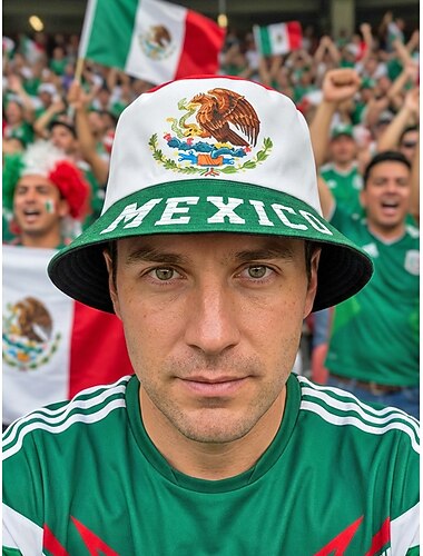  Cappello a secchiello reversibile da uomo in poliestere, con stampa della bandiera del Messico, cappello leggero da tifoso di calcio per il giorno della partita, per i tifosi, per lo sport casual e