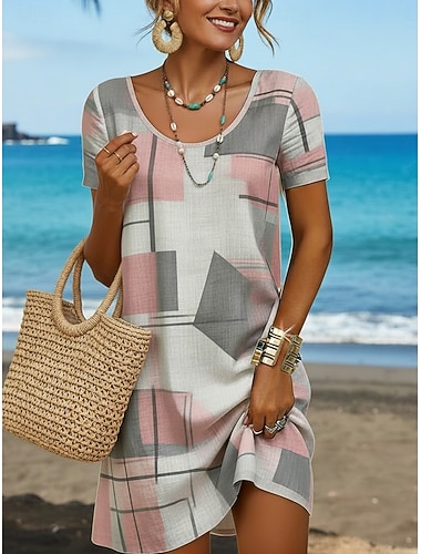  Per donna Mini abito Vestito Casual Vestito T-Shirt Moda Moderno Quotidiano All'aperto Spiaggia Vestibilità regolare Grafico Plaid Manica Corta Girocollo Grigio Estate Primavera