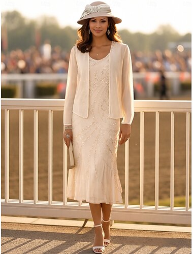  Două Piese Trompetă  Sirenă Lungimea ceaiului Brodat cu mărgele Rochie pentru invitata de nunta Rochie formala Rochie Mama Miresei Fără manșon În V Elegant Luxos Oficial Invitat la nunta Șifon Șal