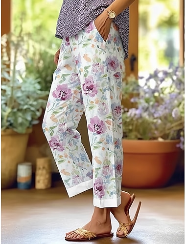  Damen Stoffhosen Gerade Urlaub Basic Lässig Volle Länge Natürliche Taille Blumen Grafik Tasche Drucken Elastisches Kordelzugdesign Bequem Komfort Mikroelastisch Lässig Urlaub Straße Blau Meeresblau