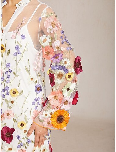  Dames Halflange jurk Hemdjurk Elegant Vakantie Bruiloft gast Feestdagen Kant Normale pasvorm Bloemig Lange mouw V-hals Wit