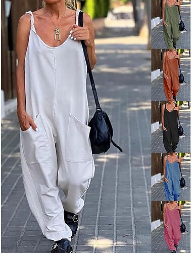  Damen Overall Aktiv Einfarbig Ärmellos Haremshose U-Ausschnitt Tasche Täglich Urlaub Lässiger Schnitt Schwarz Weiß Rosa Sommer