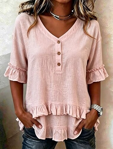  Pentru femei Cămașă Plisată Bufantă Culoare solidă Simplu Elegant Boemia Vacanță Manșon Jumate În V Topuri lungi Casual Alb Roz Îmbujorat Albastru Deschis Vară Primăvară