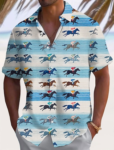 דרבי קנטקי בגדי ריקוד גברים פסים צבע מעבר צבע מרוצי סוסים חולצה חולצת קיץ חולצה עם כפתורים שרוולים קצרים רטרו וינטג' חגים קיץ אביב צווארון מתקפל הדפסת תלת מימד חולצות צווארון פול לבן תלתן כחול בהיר