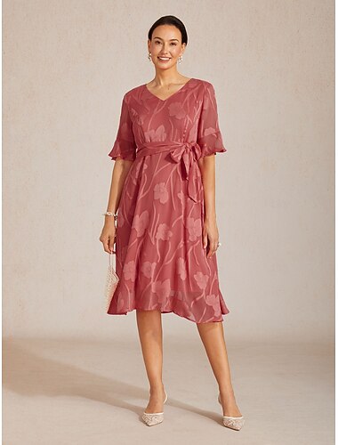  Dam Midiklänning Chiffongklänningar Elegant Dagligen Bröllopsgäst Datum Normal Blommig Halvlång ärm V-hals Korallröd