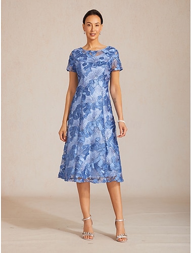  בגדי ריקוד נשים שמלת מידי שמלה עם כיווץ במותן אלגנטית יומי אורחת חתונה פאייטים רקום רגיל פרחוני שרוולים קצרים צווארון עגול קצר וודג'ווד