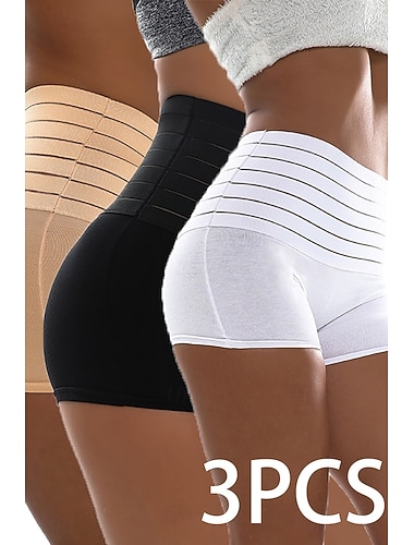  3er-Pack Damen-Slips mit elastischem Bund, Nachtwäsche aus Spandex-Nylon, ideal für Yoga am Wochenende, einfarbige Shapewear, lässig/sportlich, weiß, schwarz + weiß + beige, beige, schwarz, Sommer