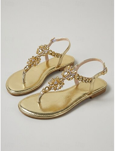  Damessandalen met gouden kristallen en platte zool, open teensandalen met T-bandje voor een chique avondje uit, ideaal voor een diner in een resort of een vakantie. &zomeravondactiviteiten