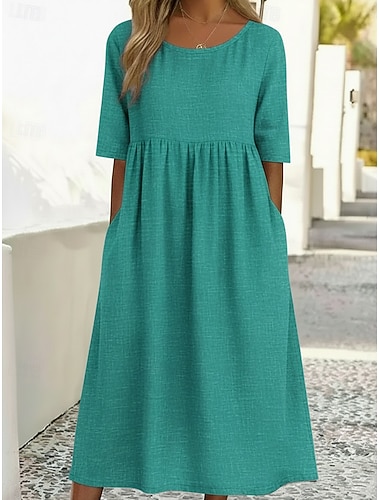  Damen Midikleid Leinenkleider Vintage Klassisch Täglich Strand Lässiger Schnitt Einfach Halbarm Rundhalsausschnitt Marineblau Grün Khaki Sommer