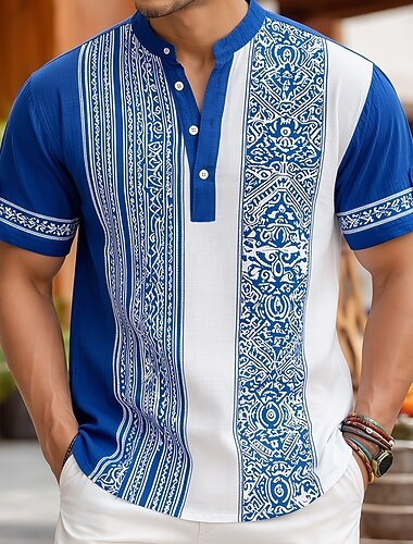  Herre Geometrisk Etnisk Intrikat blomstermønster Skjorte Skjorte med knapp ned Henly-skjorte Kortermet Vintage retro Ferie Fritid / hverdag Sommer Vår Opprett krage Henley krage 3D-utskrift Lin som