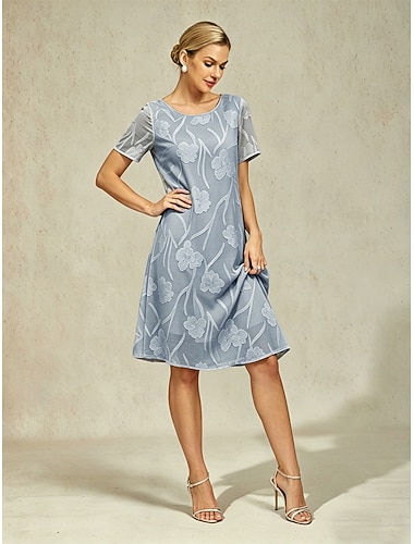  Damskie Sukienka mini Sukienka trapezowa Elegancja Kwiaty Krótki rękaw Półgolf Szarość nieba