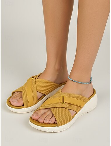  gule sandaler til dame, sommersandaler med justerbare stropper og kryssbånd, komfortable, åpne sko for sommerturer og reiser. &bruk hele dagen