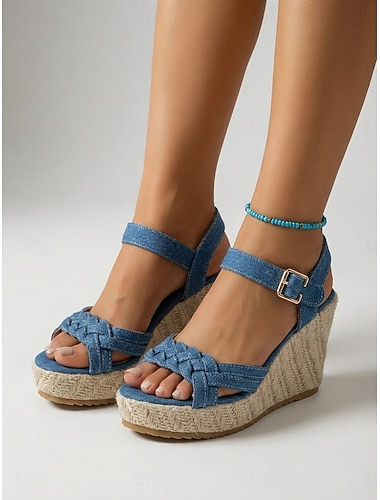  Damessandalen met sleehak van blauw denim - casual espadrilles met gevlochten bandjes en plateauhak, met gesp bij de enkel, perfect voor luxe cruisevakanties en tropische resorts. &zomerse