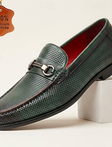  Herre grønne teksturerte loafers slip-on metallbit pensko elegante forretningsmessige casual sko for kontor, bryllup, banketter, fester, reiser og elegant gentleman-stil