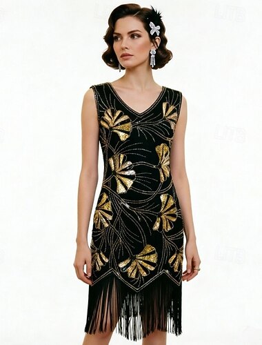  Möly 20s 1920-luku Retro / vintage Polvipituinen Mekko Hihaton Suuri Gatsby charleston Paljetti Lehti Naamiaispuku Naisten Halloween Karnevaali Juhlat Aikuisten Leninki Kaikki vuodenajat