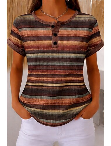  Per donna Maglietta Waffle Top a maglia con texture Maglietta Blocco di colore Stampato Grafico Geometrico Vintage Elegante Classico Manica Corta Girocollo Top Regolari Casuale Quotidiano Marrone