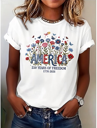  Amerikansk uavhengighetsdag Dame T skjorte Trykt mønster Blomstret Grafisk Flagg Stilfull Klassisk Fritid Kortermet Crew-hals Rund hals Vanlige topper Avslappet Daglig Blå Svart Hvit Rosa Rød Sommer