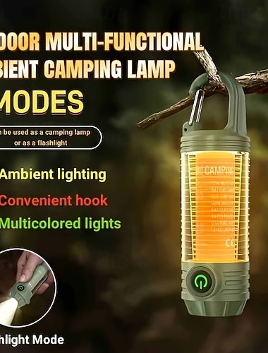  Lanterna de acampamento LED 2 em 1, com 6 modos de iluminação, luz ambiente RGB multicolorida, recarregável, portátil, com gancho para pendurar em barracas, ideal para trilhas, emergências e