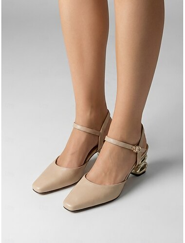  Aprikosfärgade slingback-pumps i äkta läder för kvinnor - eleganta klackar med fyrkantig tå och skulptural guldfärgad metallblockklack för kontorskläder och affärsmöten &formella arbetsevenemang