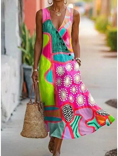 Dam Midiklänning Boho-klänning Skjortklänning Solklänning Elegant bohemliv Etnisk Strand Helgdag Normal Blommig Grafisk Abstrakt Ärmlös V-hals Rodnande Rosa Grön Beige Sommar Vår