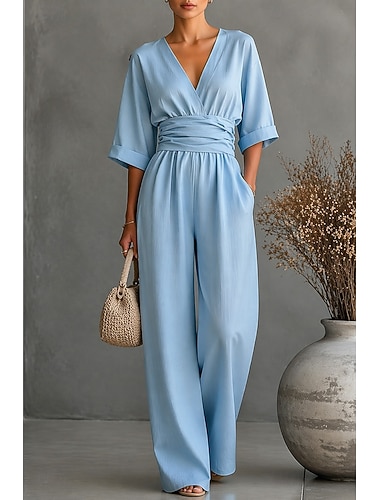  Dámské Kombinéza Elegantní Pevná barva Poloviční rukáv Široké nohavice Do V Slátanina Kapsy Denní Dovolená Běžný Černá Bílá Žlutá Léto