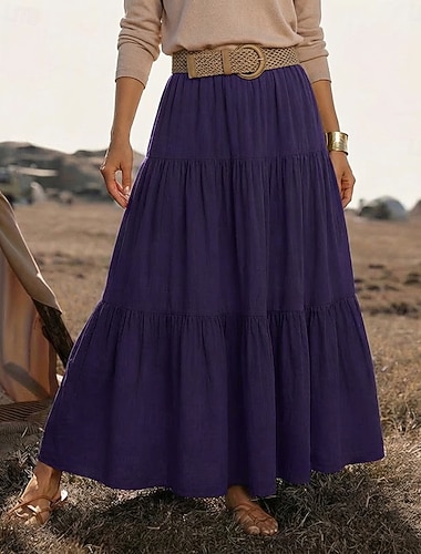  Damen Rock aus Leinenimitat Mode Lässig Maxi Mittlere Taille Röcke Einfarbig Gerafft Rüsche Unelastisch Täglich Urlaub Schwarz Wein Purpur Braun Sommer Polyester