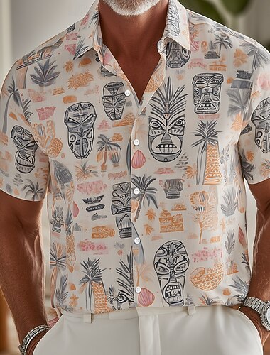  Homme Cocotier Ethique / Africain Tiki Chemise Chemise hawaïenne Chemises tropicales Manche Courte Hawaïen Resort Vacances à la Plage Été Printemps Col Rabattu Impression 3D Chemises boutonnées Bleu