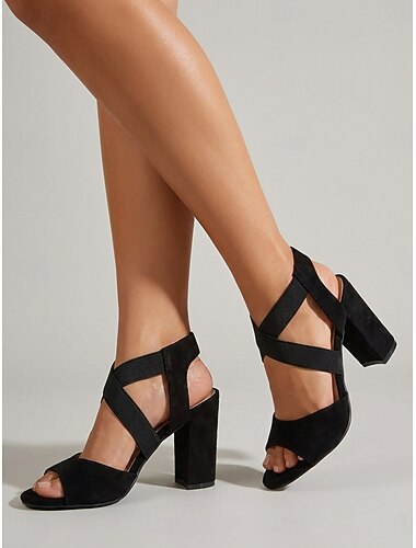 Professionelle schwarze Wildleder-Sandalen für Damen mit Blockabsatz – bequeme Schuhe mit gekreuzten elastischen Riemen, ideal für Büro, Geschäftstreffen und ganztägigen Tragekomfort.