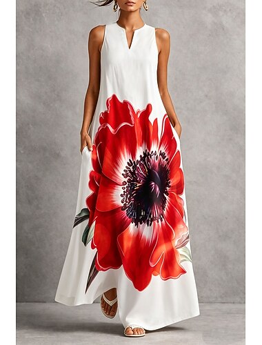  Damen Maxikleid A Linie Kleid Urlaub Lässig Boho Ferien Lässiger Schnitt Blumen Grafik Ärmellos V Ausschnitt Blau Schwarz Weiß Gelb Sommer Frühling