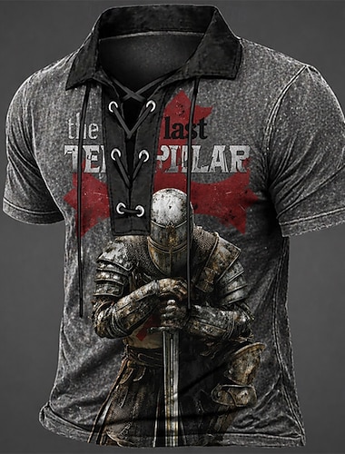  Herre Templarkorset Polo skjorter Kortærmet Polo skjorter Snørehals Årgang Afslappet Streetwear Dagligdagstøj 3D-udskrivning Åndbar måtte Forår sommer Sort Brun Grå