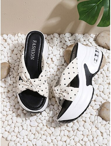  Sandálias femininas de plataforma com laço e estampa de bolinhas – calçados de verão sem fecho com sola plataforma grossa, estilo casual e charmoso para férias ao ar livre, viagens e passeios na praia.