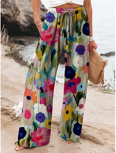  Dame Bred Bukseben Bukser Ferie Mote Gatemote Full lengde Medium Midje Blomstret Grafisk Lomme Elastisk midje Trykt mønster comfy Komfort Pusteevne Uelastisk Daglig utendørs Feriereise Fuksia Grønn