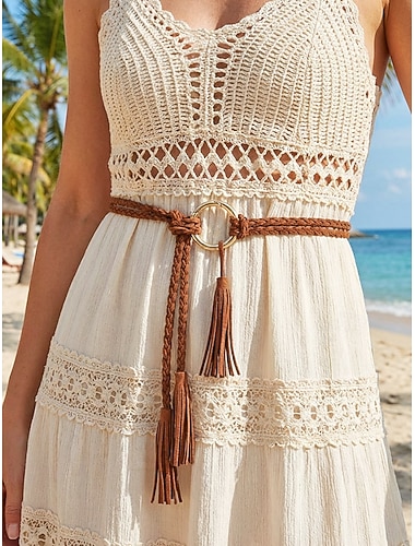  Dame bohemsk flettet midjebelte i kunstskinn, duskbelte i flere farger for strandferie, resortklær, uformelle kjoler og hverdagslig bohemsk styling