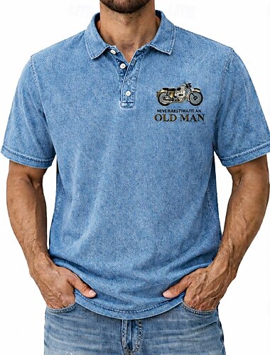  Herr Gammal man 100% Bomuld Pikétröjor Syratvättad skjorta Kortärmad Polotröjor Kavajslag Vintage Ledigt Utomhus Helgdag 3D-utskrift Knappar Vår & sommar Blå Purpur Grå
