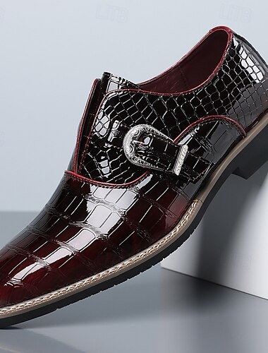  Herresko med burgunderfargede krokodillepregede munkestropper og spisse tå, formelle forretningssko til bryllup, kontor, banketter, fester og raffinert herrestil