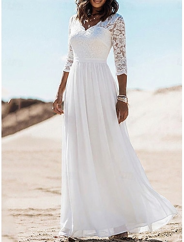  Dámské Maxi šaty Šifonové šaty Krajkové šaty Bílé šaty Elegantní Dovolená Svatební Běžný Bez vzoru 3/4 délka rukávu Do V Bílá Šampaňská Světlá růžová Námořnická modř Léto Jaro