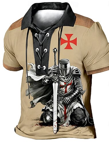  Herr Tempelriddare Pikétröjor Kortärmad Polotröjor Kavajslag Vintage Ledigt Streetwear Dagliga kläder 3D-utskrift Nättyg som andas Vår & sommar Blå Mörkbrun Svart