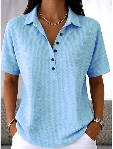  Vrouwen Wafel Tuniek Knopen Effen Kleur Eenvoudig Vintage Stijlvol Klassiek Korte Mouwen Omgeslagen Reguliere Tops Dagelijks Wit Roze Lichtblauw Zomer Lente