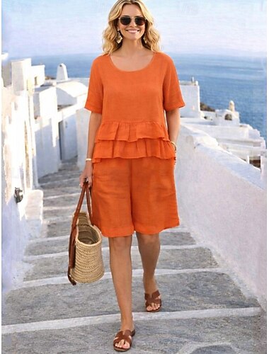  Dames Katoenen linnen sets Shorts Sets Korte mouw Ronde hals Effen Kleur Ruche Elegant Modieus Streetwear Casual Dagelijks Buiten Oranje Zomer Normale pasvorm
