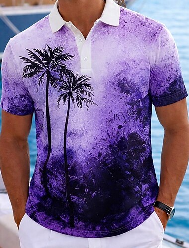  男性用 ヤシの木 ハワイアンポロシャツ 半袖 ポロシャツ 襟付きシャツ カジュアル アスレイジャー バケーションウェア 3Dプリント ボタン 高通気性メッシュ 春夏 ブルー ピンク パープル
