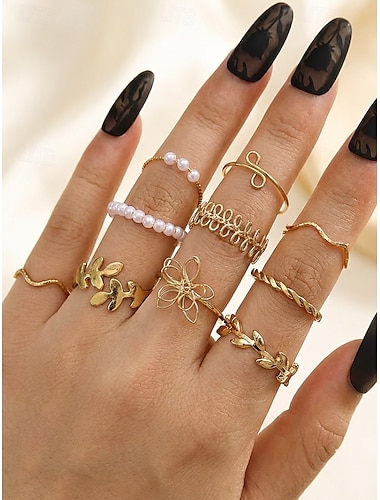  Verstelbare 10-delige ringenset voor dames in bohemian stijl, bestaande uit stapelbare ringen van goud- en zilverkleurige legering, perfect voor strandvakanties, festivals en dagelijks gebruik.