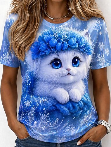  Dames T-shirt Afdrukken Grafisch dier Kat Vintage Stijlvol Klassiek Korte mouw Strakke ronde hals Ronde hals Lange tops Casual Dagelijks Weekend blauw Blozend Roze Abrikoos Zomer Lente Herfst