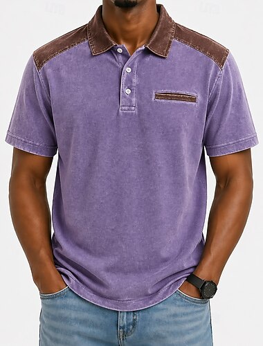  Homme Polo Chemise 100% coton délavée à l'acide Occasionnel Fête Revers Manche Courte Mode Basique Uni Texturé Boutons Vintage Été Printemps Bleu Noir Violet Vert Gris Polo