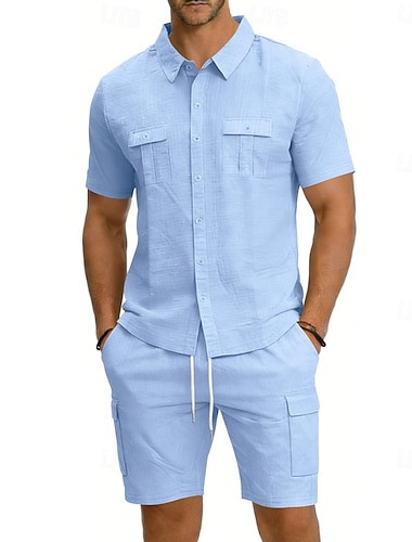  Herren Leinenhemd Zweiteilig Hemd Set Und Cargo-Shorts Shorts Leinenshorts Set Einfach Täglich Outdoor Urlaub Umlegekragen Kurzarm Sommer Mode Lässig Bequem Bekleidung